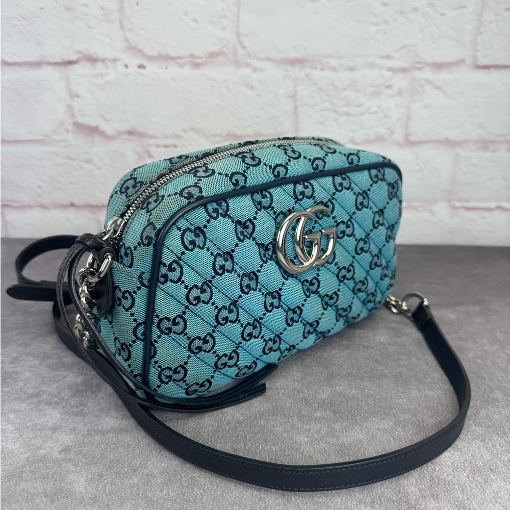 Gucci Monogram Blue Matelasse Diagonal Small GG Marmont Chain Shoulder Bag - Picture 3 of 16